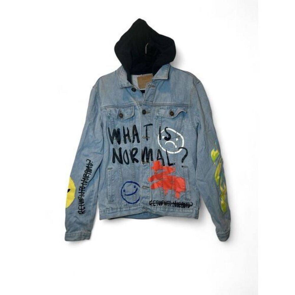 Rue 21 Unisex Small Blue Painted Black Hoodie Jean Jacket RIP To My Former‎ Self